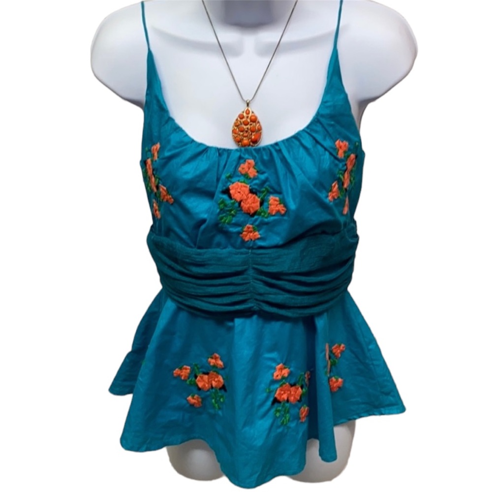 Teal Peplum Blouse With Embroidered Flowers